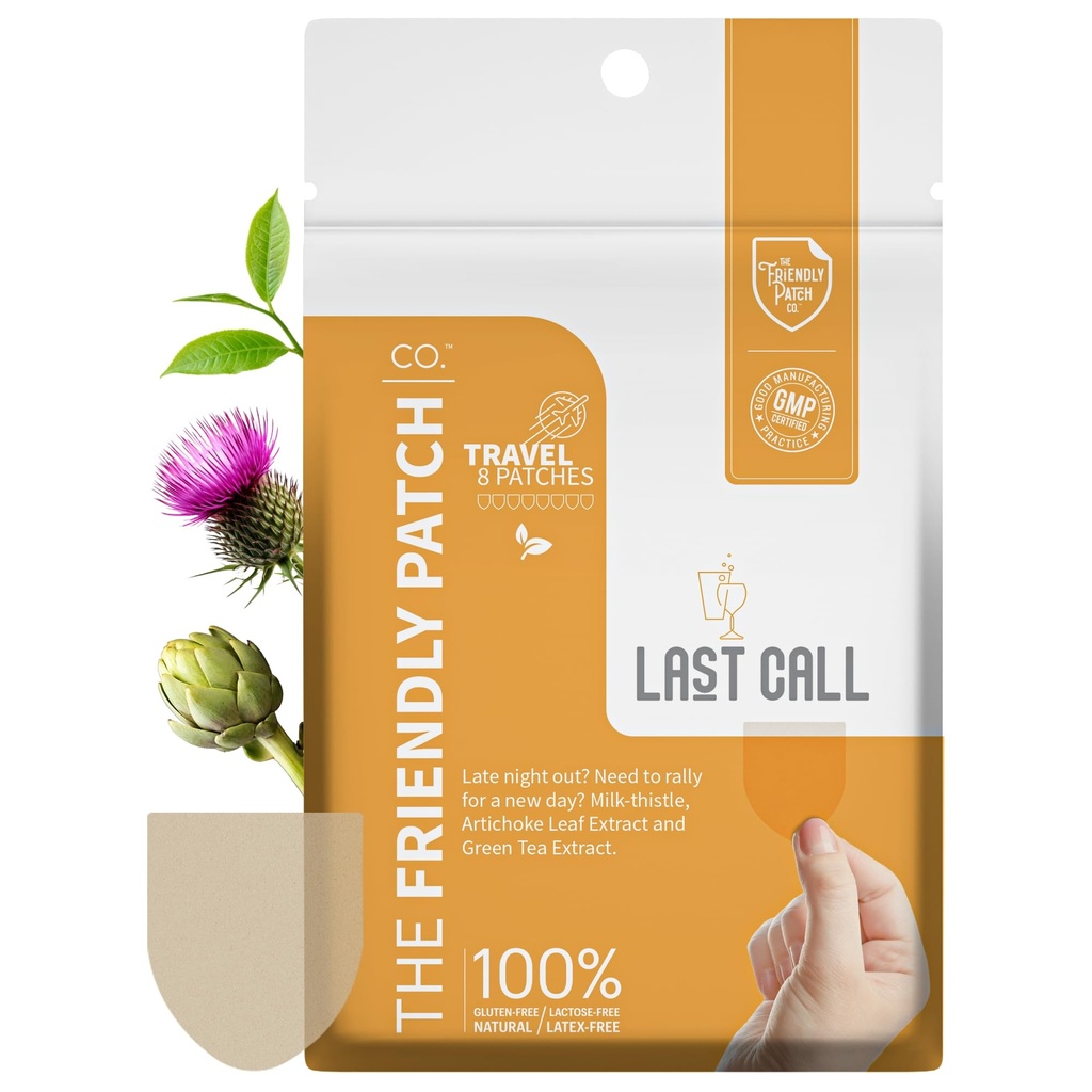 Friendly Patch Last Call Patch - Late Night Out - Plant Weared Patches z herbatą z winem, kofeina, Ostrze mleka, ekstrakt z liści karczocha - Wellness 8 Pack