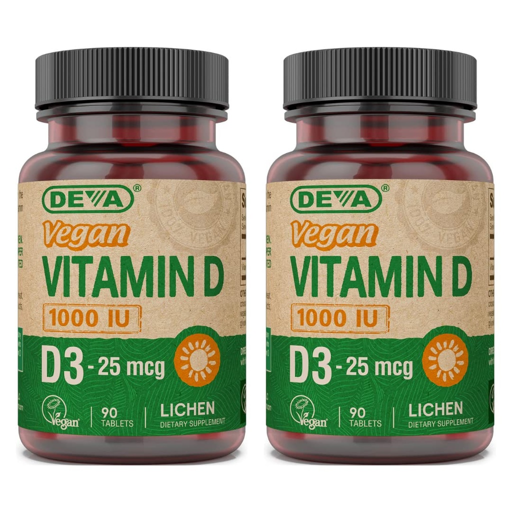 DEVA Vegan witaminy D3 Suplement - Tabletka Once- Per- Day z 1000 IU - Cholekalcyferol - Lichen Plant Derived - 90 małych tabletek, 2 - Pack