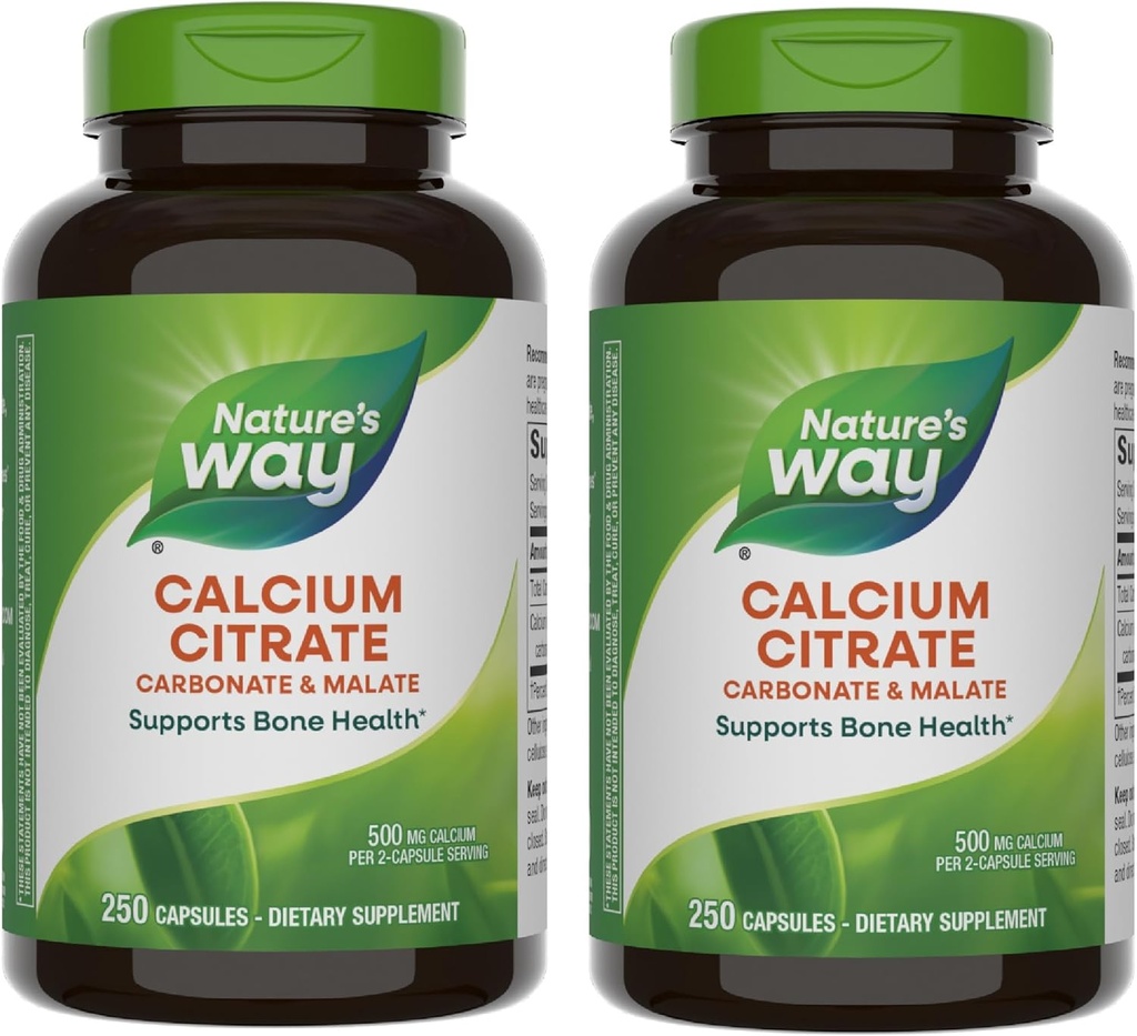 Natural 's Wail Citrate, 500 mg Wapń na 2- Capsule Serving, dla Bone Health & Muscle Function *, Mieszanka Citrate, Carbonate & Malate, Gluten Free, 250 Kapsułki (Opakowanie może Wary) - 2 opakowania