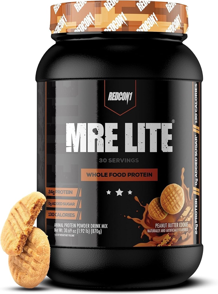 REDCON1 MRE Lite Whole Food Protein Powder, Ciasteczko z masłem orzechowym - Niskie węglowodory i serwatka Free Meal Replacement with Animal Protein blends - Łatwy w użyciu suplement Made with MCT Oils (30 Servings)