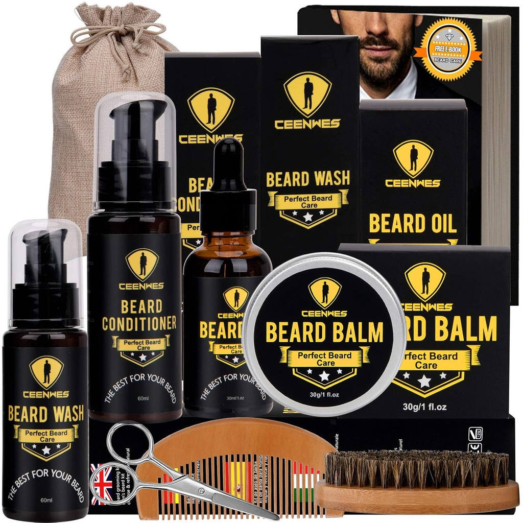 Ceenwes Ulepszony Beard Grooming Kit - Conditioner, Oil, Brush, Comb, Balon, Nożyczki, Torba do przechowywania Broda i wąsy przycinanie, Idealny męski prezent