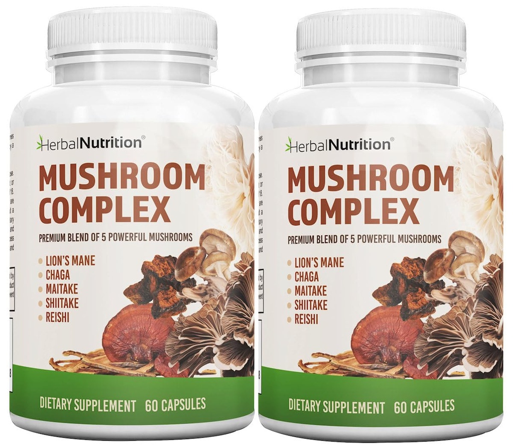 Herbal Nutrition Mushroom Complex 700mg do 1400mg. 5 Najpotężniejsze grzyby - Lwy Mane, Reishi, Chaga, Maitake, Shiitake - Wspiera immunologiczne zdrowie, Nootropowe zdrowie mózgu dla pamięci i skupienia