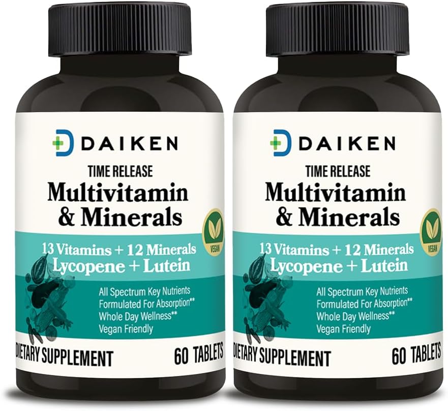 DAIKEN Mini Multivitamin, 60 Tabletki, Wzmocnione luteiną, Lycopene & Kwas foliowy, Czas wydany Multivitamin dla kobiet i mężczyzn, Wegan & Łatwe do połknięcia (Opakowanie 2)