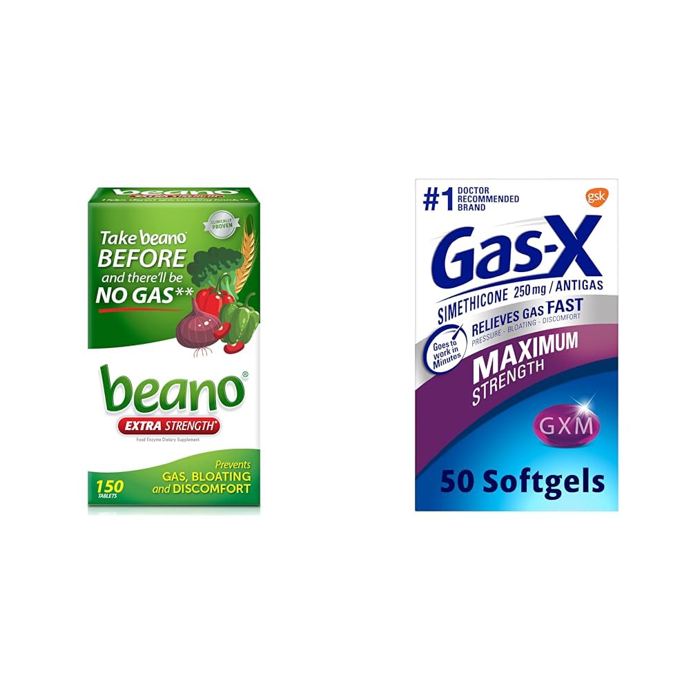 Beano Food Enzyme Dietetyczny Suplement Bis- 124; Pomoc Digest Gas- Causing Foods Bis124; 150 Tablets & Gas- X Maksymalna moc Relief gazowy Softgels z Simethicone 250 mg dla Bloating Relief - 50 Count