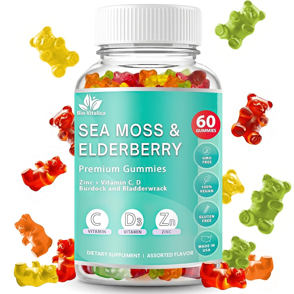 BIO VITALICA Sea Moss Gummies Elderberry BioVitalica - Witamina C D + Cynk - Irish Seamoss Vegan Gummy z Sea Moss żel & Proszek dla odporności, Detox - dla dorosłych i dzieci