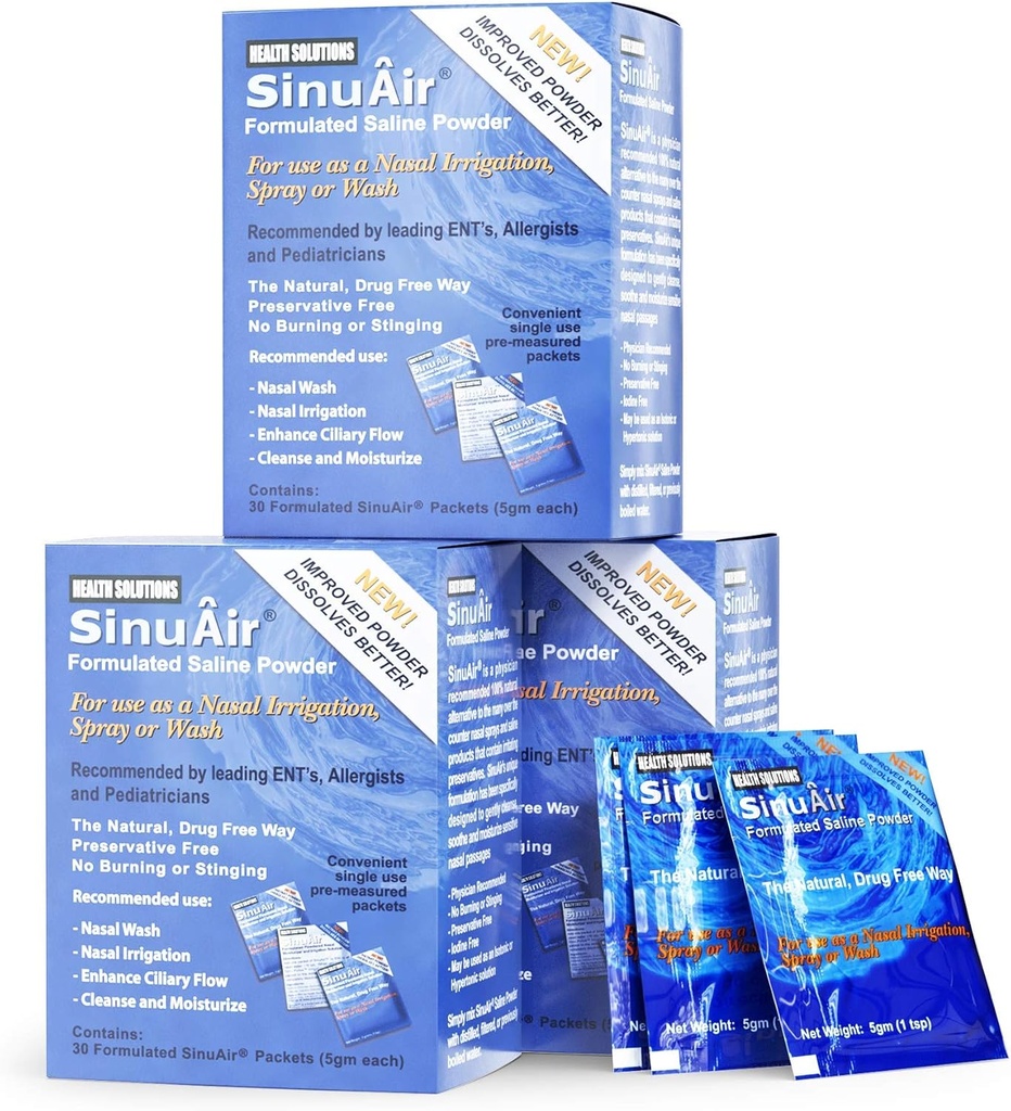 SinuAir Saline Packets for Sinus Rinse - Premixed Salt Solution Powder for SinuPulse Elite System, Neti Pot, Butelka do mycia nosa i nawadnianie nosa, 90 Pakiety
