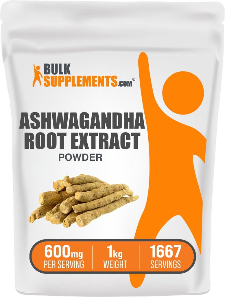 BulkSupplements.com Ashwagandha Root Extract Powder - Ashwagandha Supplement, Herbal Supplement - Vegan & Gluten Free, 600mg per Serving, 1kg (2,2 kg) (opakowanie po 1)