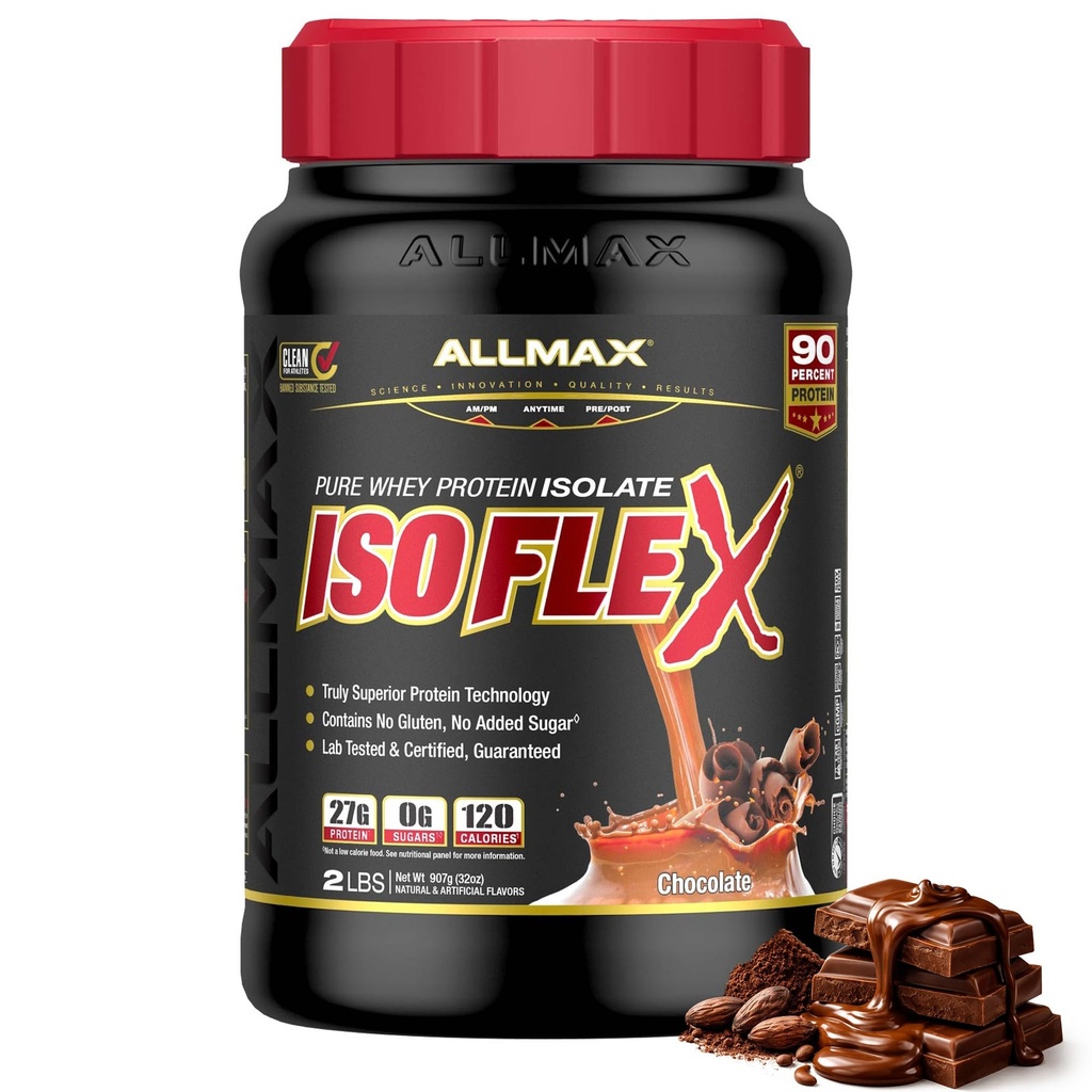 ALLMAX ISOFLEX Izolat białka serwatki, Czekolada - 2 lb - 27 gramów białka na miarkę - Zero tłuszczu i cukru - 99% Laktoza wolna - Gluten Free & Soy Free - ok. 30 Sług
