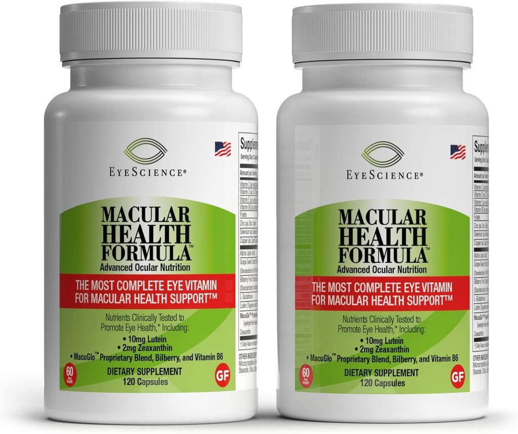 EyeScience - Macular Health Formula - 120 kapsułki - Kompletny suplement odżywczy dla zdrowia oczu - Zawiera luteinę, zeaksantynę, witaminę C, D, E & B6- 2- Pack