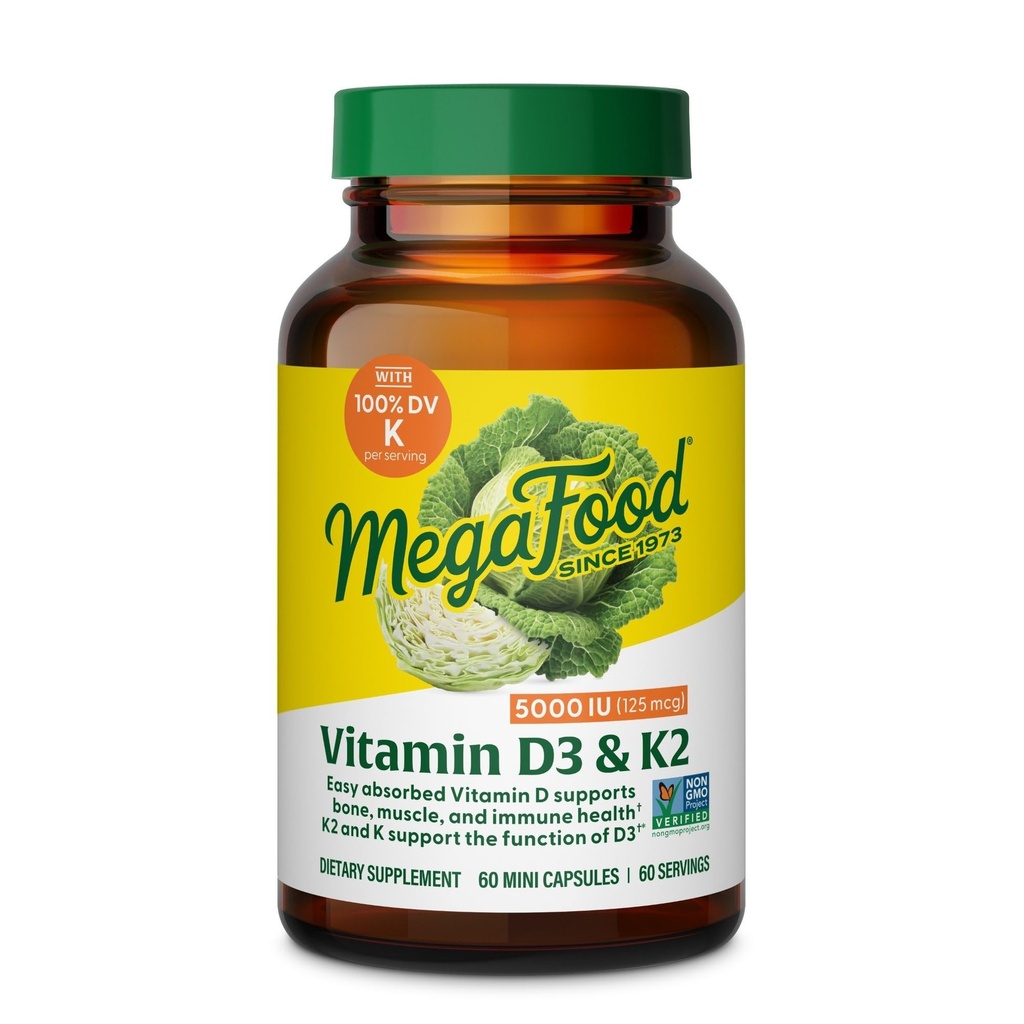 MegaFood Witamina D3 5000 IU (125 mcg) - Suplementy wegetariańskie z Witaminą D3 K2 - Wspiera kości, zęby, mięśnie i zdrowie immunologiczne - Certified Non-GMO - 60 Mini kapsułki, 60 Servings