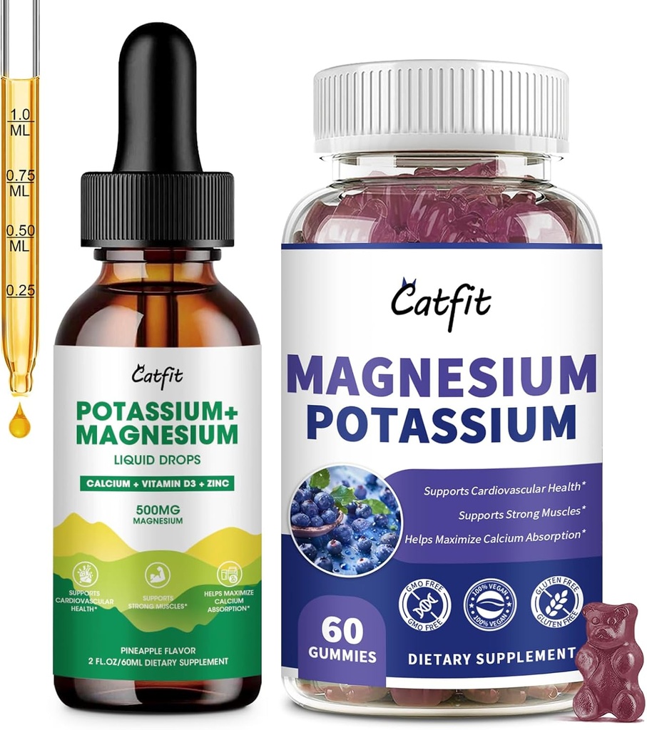 Suplement Magnezu Potasu Catfit, Suplement Magnezu Kompleksu Potasu, Sugar Free & Vegan, Wsparcie immunologiczne, Sympatyczny nastrój i wsparcie snu, Zdrowie mięśni