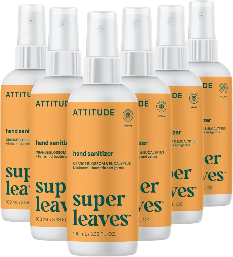 ATENTION DE Sterylizator rąk Spray, EWG Zweryfikowane, Zabija Zarazki i Bakterie, Wegan & Plant- based, Sejf dla dorosłych i dzieci, Orange Blossom & Eukaliptus Scent, 3.38 Fl Oz (Opakowanie 6) (Butelka spray)