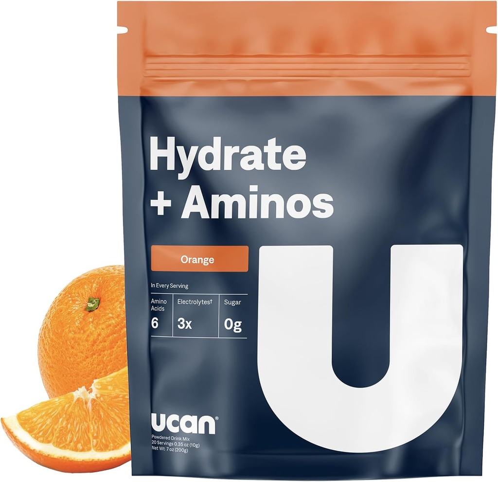 Hydrat UCAN + Aminos, Orange 20 Torba serwisowa, Keto, Elektrolita wolna od cukru + Odzysk mięśni, Elektrolity esencyjne + EAA & BCAA, Non-GMO, Wegan, dla biegaczy, Gym- Goers, Sportowcy wydajności