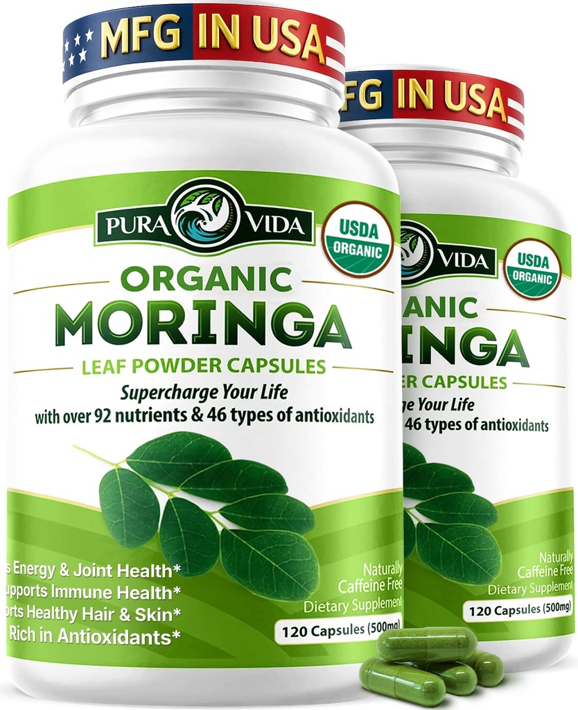 PURA VIDA MORINGA Kapsułki Pojedyncze Pochodzenie Organiczny Moringa Proszek. Moringa Liść. Energia, Metabolizm, & Wsparcie immunologiczne. 120ct. 500mg Czapki. (Opakowanie 2)