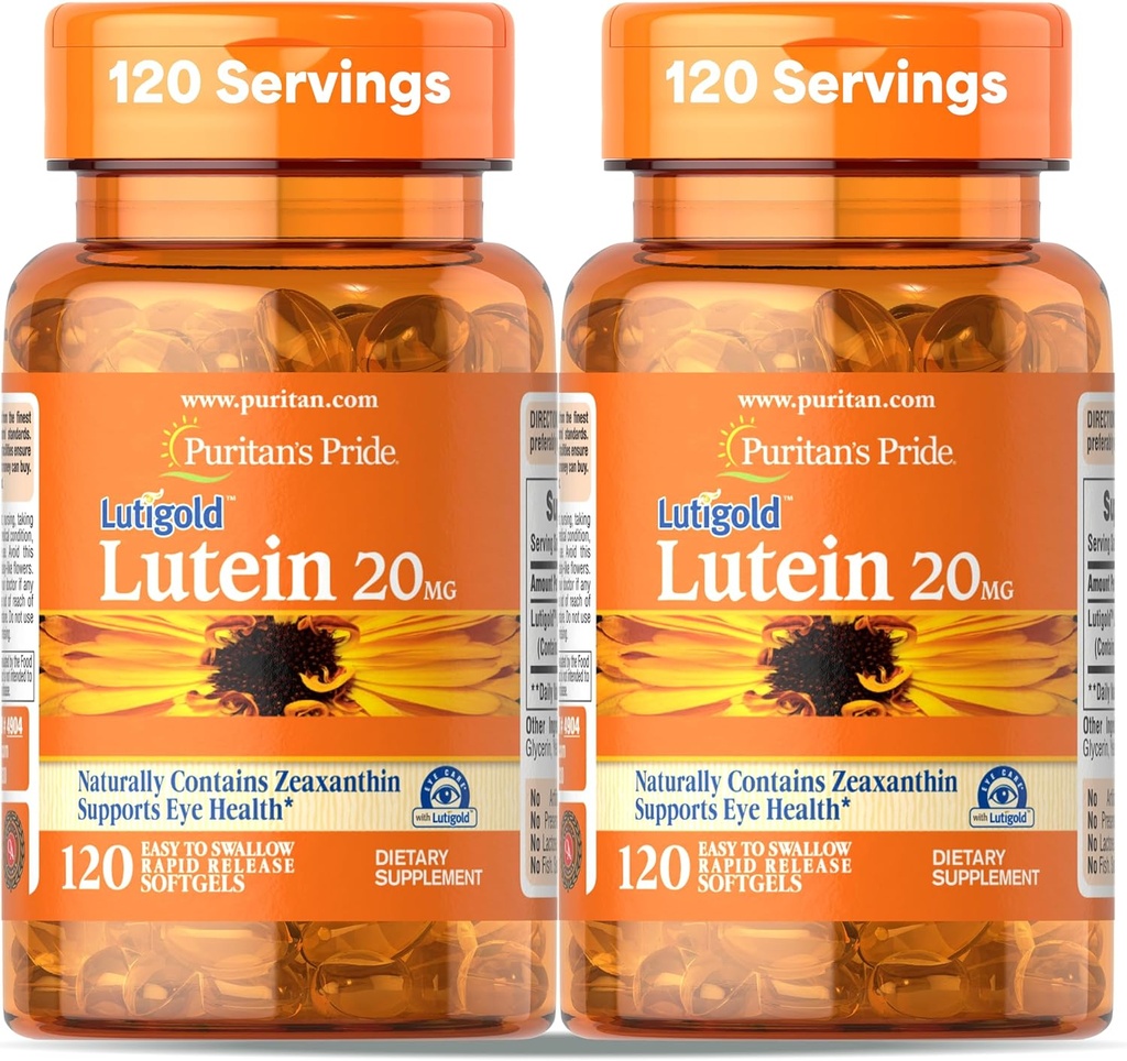 Puritan 's Pride Premium Lutigold Lutein Karotenoid 20mg z Zeaksantyną dla mężczyzn i kobiet, Suplement diety dla wsparcia zdrowia oczu, 8 Miesiąc dostaw, 120 Easy- to- Połknięcie Softgels, 2 Pack