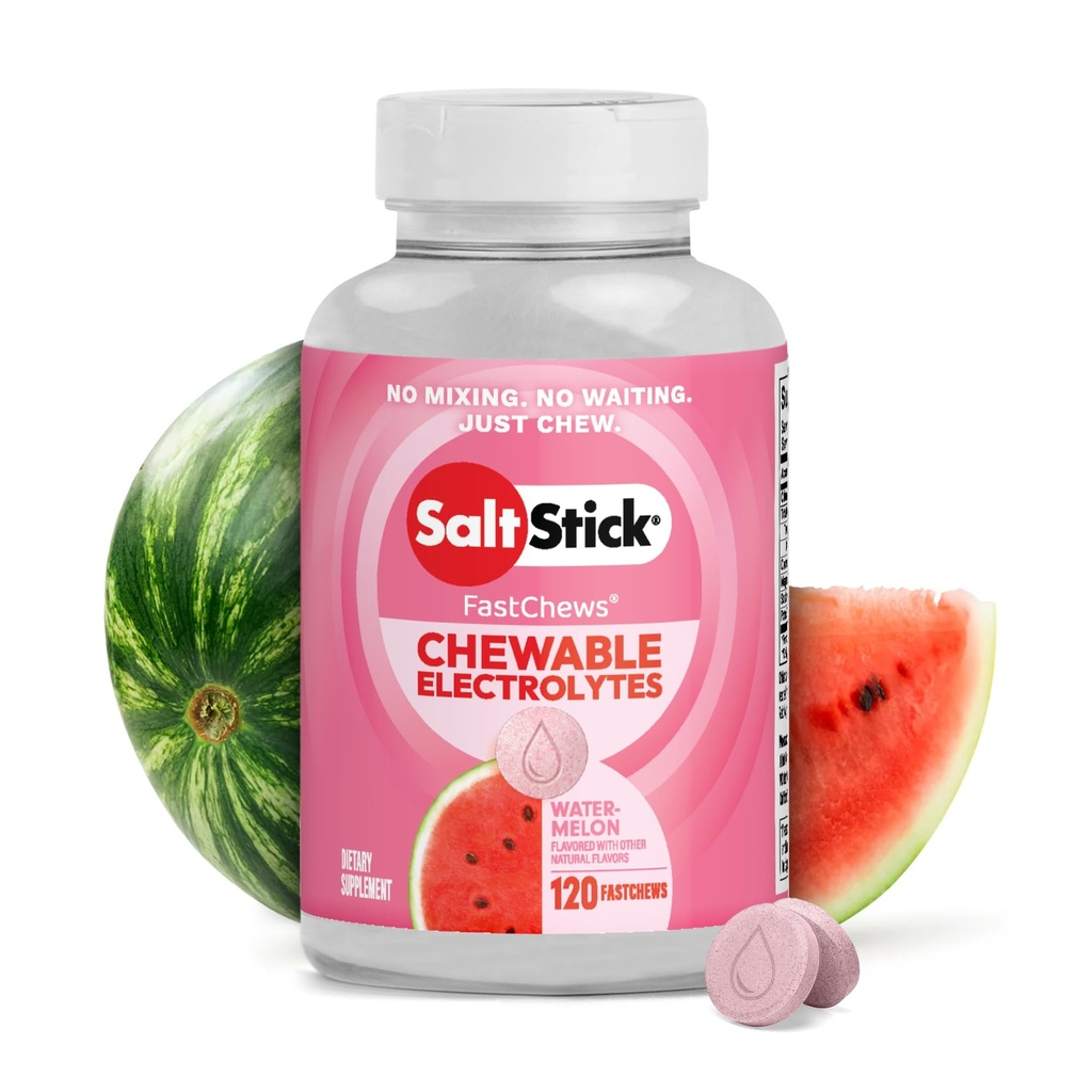 SaltStick Electrolyte FastChews - 120 Watermelon do żucia Electrolytes - Solone tabletki do biegania i nawadniania, Electrolyte Chews - 120 Count