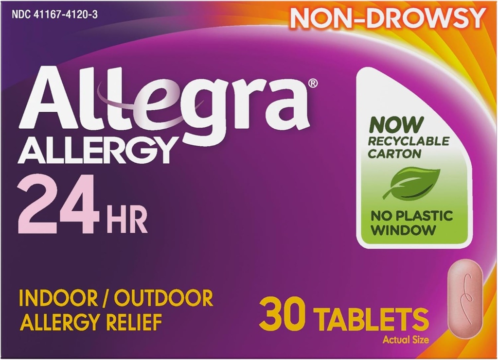 Allegra Adult 24HR Non- Drowsy Antihistamine, 30 tabletek, szybko działająca reakcja alergiczna Relief, 180 mg
