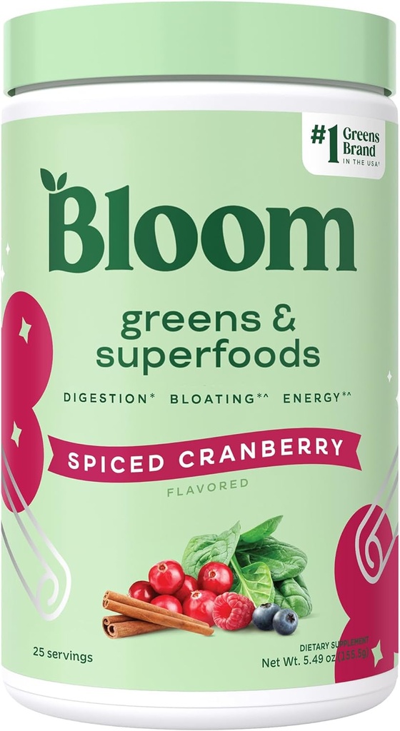 Bloom Nutrition Superfood Zielonych Proszek, Enzymy z probiotyki i prebiotyki, Gut Health, Bloating Relief dla kobiet, Chlorella, Zielony sok Mix z buraka korzeń, 25 SVG, Piced żurawiny