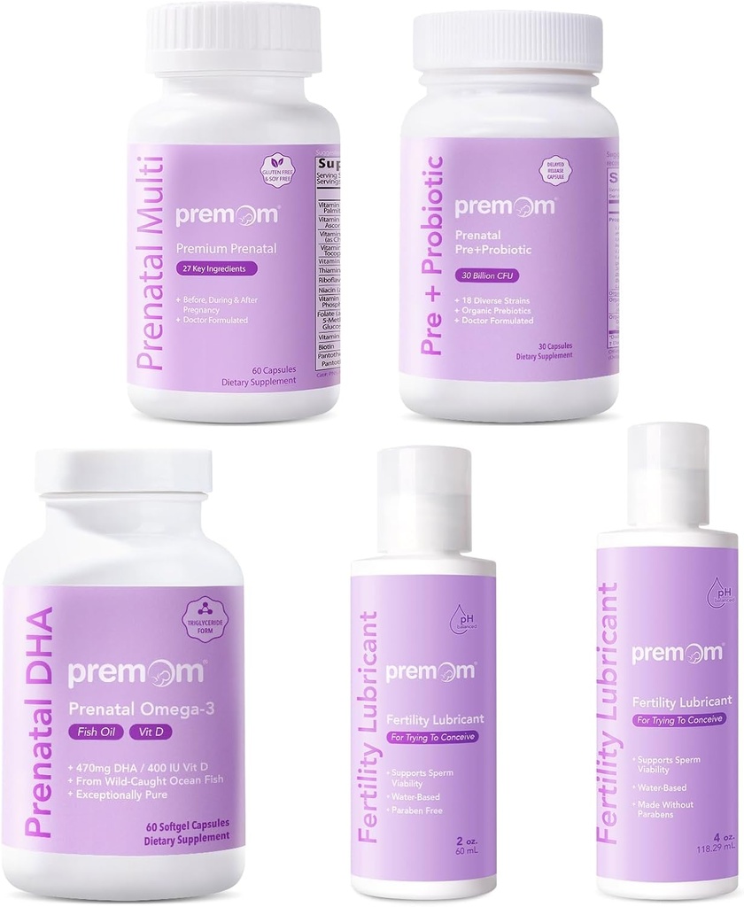 Premama Multivitamin dla kobiet + Prenatal DHA Fish Oil + Prenatal Pre & Probiotyki + Osobisty Lubrykant płodności do poczęcia 2 & 4 Fl Oz