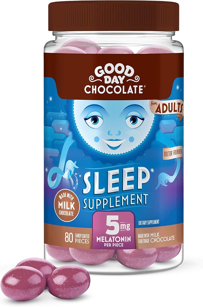 Good Day Czekolada Melatonina dla dorosłych [80 Hrabia] - Sprawiedliwy handel NieGMO Mleko Czekolada z rumianku i Melatonina 5 mg - Dorośli Melatonina, Dorosły Naturalny Sen Suplement Pomoc
