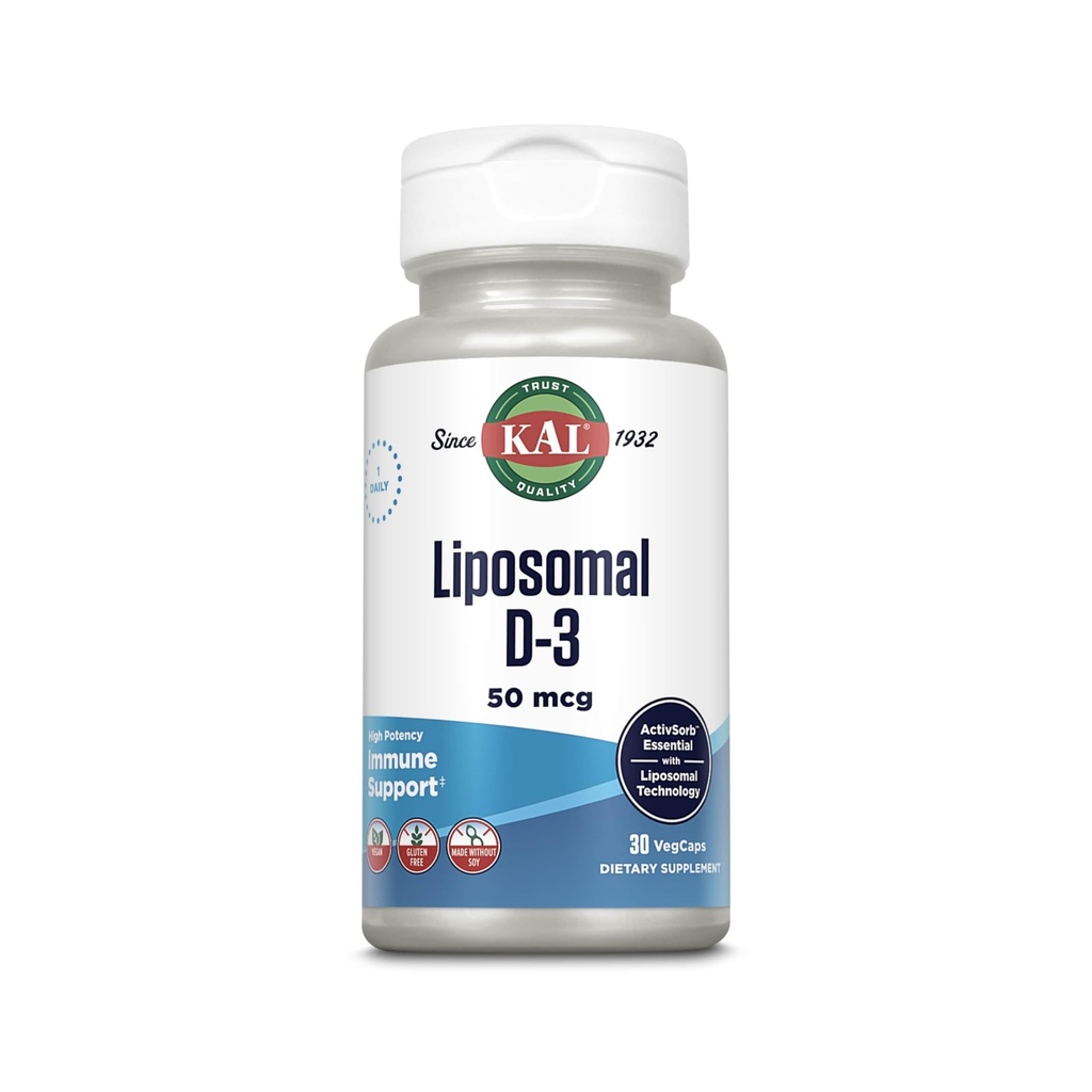 KAL Witamina liposomalna D3 50 µg, Witamina o wysokiej absorpcji D, Technologia liposomalna, Wysoka potencja immunologiczna Wsparcie, Kapsułki wegańskie, Gluten Free, No Soy, 30 Służenia