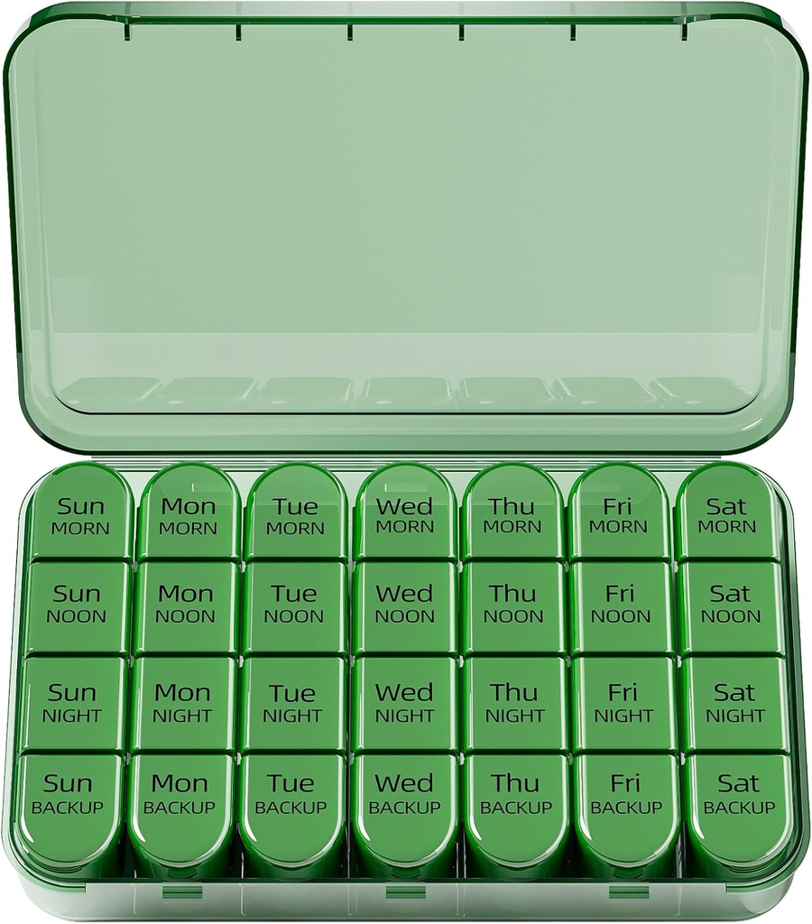 Odaro Cotygodniowy Pill Organizator 4 razy dziennie, Daily Pill Box 7 dzień, Duży Pill Travel Case z 28 Komory do trzymania medycyny, Witamina i suplement - Pełna oliwa