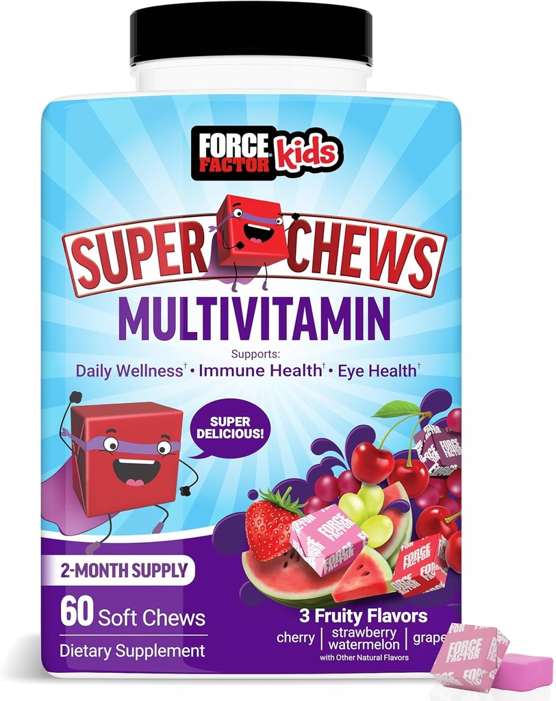 Silny czynnik Kids Multivitamin Super Chews, Dzieci Witaminy do wsparcia Wellness, Immune Health, Eye Health, & Więcej z 18 Witaminy, Minerały, & Przeciwutleniacze, 2-miesięczne dostawy, Multi- Flavor, 60 Soft Chews