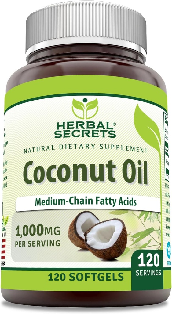 Herbal Secrets Coconut Oil 1000 Mg 120 Softgels Supplement Agregat 124; Non-GMO Agregat 124; Gluten Free Agregates 124; Made in USA