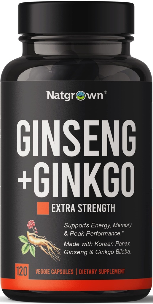 Natgrow Panax Ginseng & Ginkgo Biloba Supplement - Czerwony Koreański Ginseng & Ginko Biloba Kapsułki dla mężczyzn i kobiet - Obsługa pamięci Focus & Brain Function - Vegan Pills - 120 Count