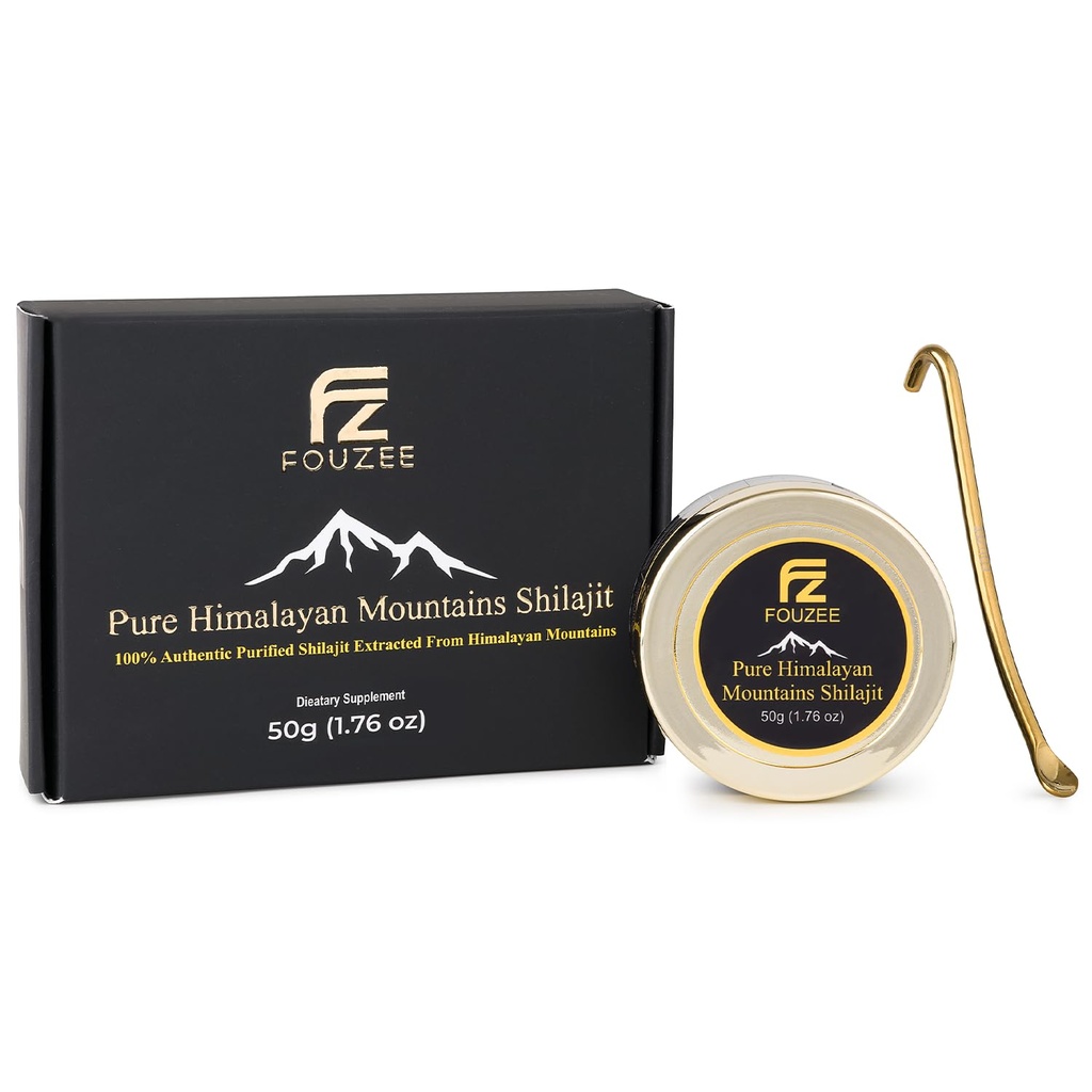 FOUZEE Pure Himalayan Mountains Shilajit - 77% + Fulvic Acid Authentic Hard Consistency, Natural Source of Fulvic Acid, Over 85 Trace Minerals, Obejmuje Stal nierdzewna Spoon (50 Grams)