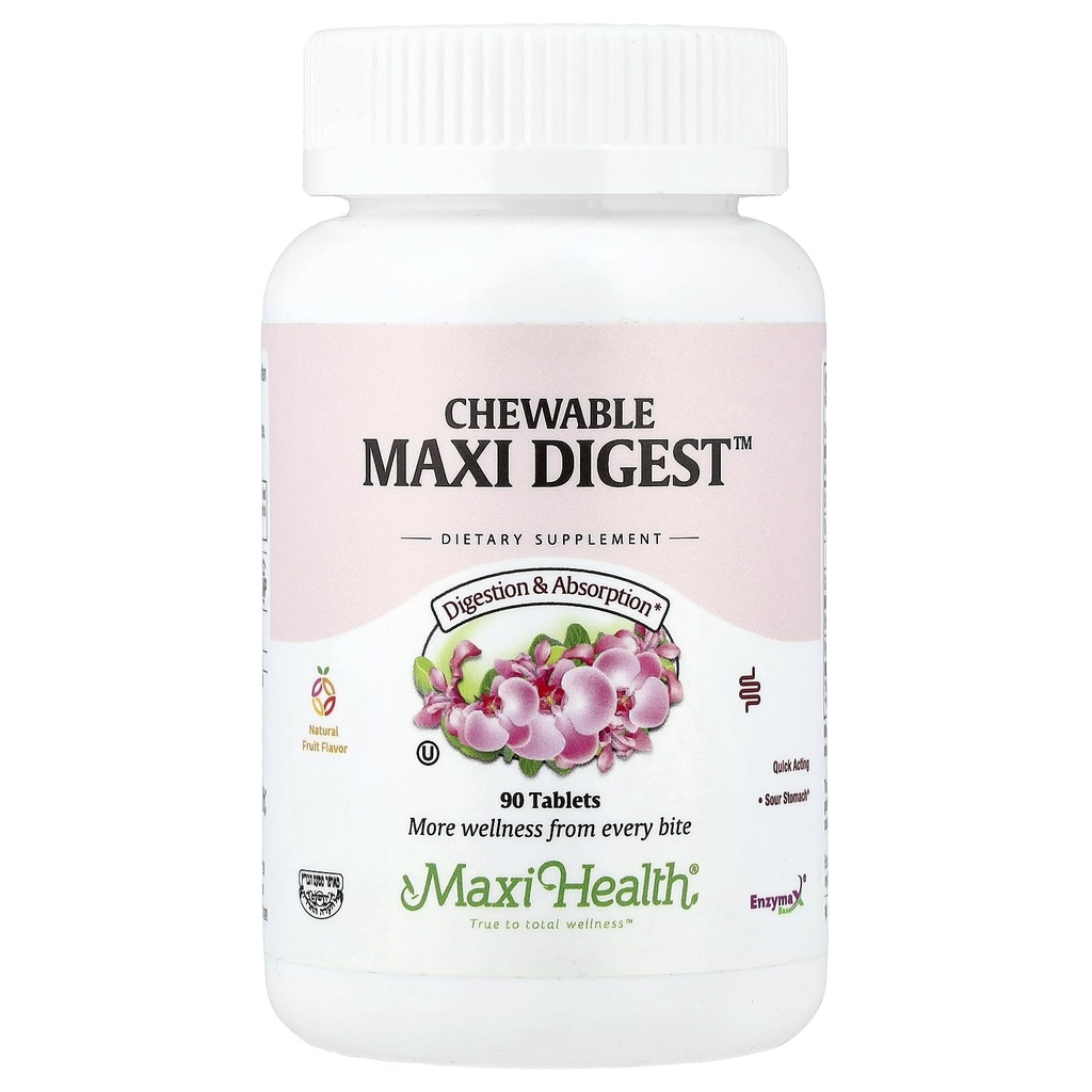Maxi Health Chewable Digest - Natural Digestive Enzymes with Bromelain and Calcium Quick- Acting - 90 Chewables - Kosher - Wspiera zdrową trawienie i wspólny komfort dla mężczyzn i kobiet