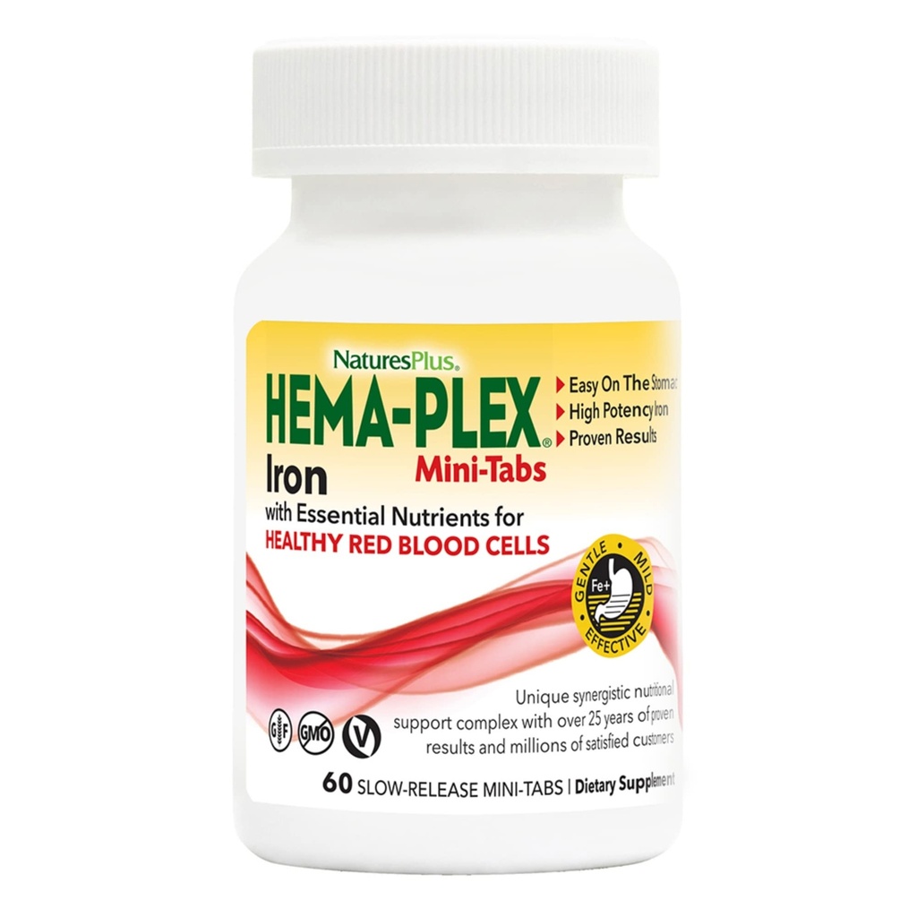 NaturesPlus Hema- Plex Żelazo - 60 Slow-Release Mini- Tabs - 85 mg Żelazo chelatowane - Total Blood Health - z witaminą C & Bioflavonoids - Wegan, Gluten Free - 30 Sługi