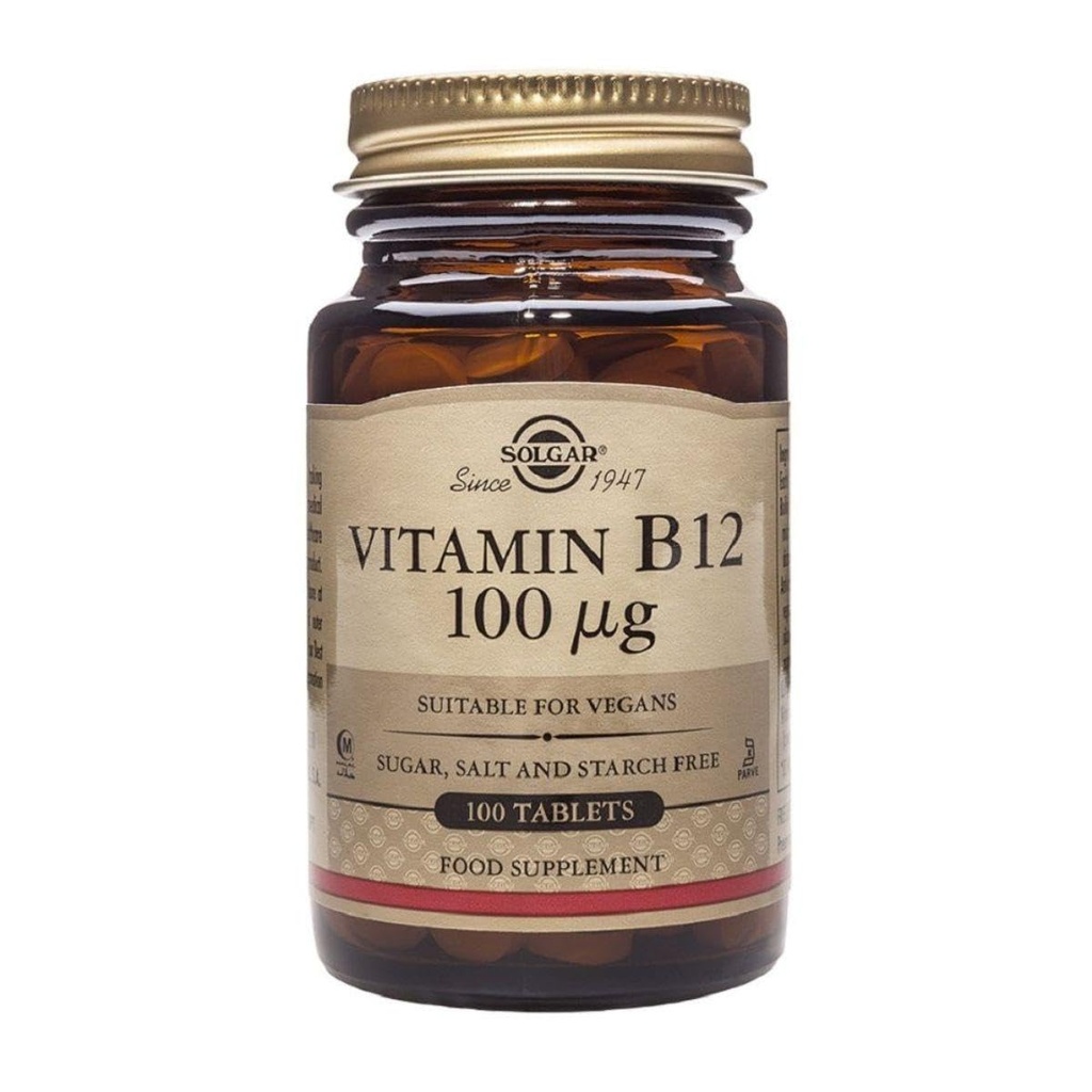 Solgar Witamina B12 100 µg - 100 Tabletki - Energia Metabolizm & Wsparcie układu nerwowego - Non-GMO, Wegan, Gluten & Dairy Free, Kosher, Halal - 100 Sługi