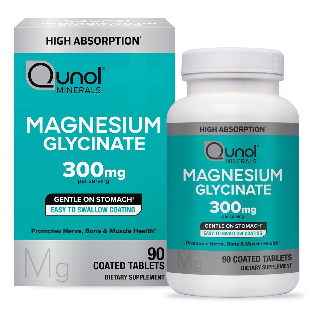 Qunol Magnezu Glicynian 300mg, 100% Glicynian Chelatowany Suplement magnezu, 90ct Tabletki