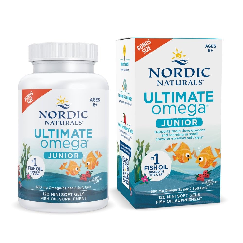 Nordic Naturals Ultimate Omega Jr., Strawberry - 120 Mini Soft Gels - 680 Total Omega- 3 z EPA & DHA - Brain Health, Mood, Learning - Non-GMO - 60 Służenie