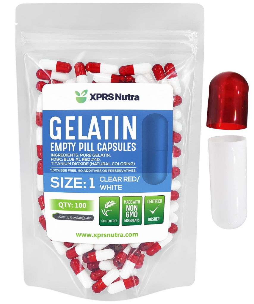 XPRS Nutra Size 1 Empty Capsules - 100 Count Empty Gelatin Capsules - Pill DIY Capsule Filling - Pure Bovine Pill Gel Caps for Do-It-Yourself Supplements (Clear Red/White)