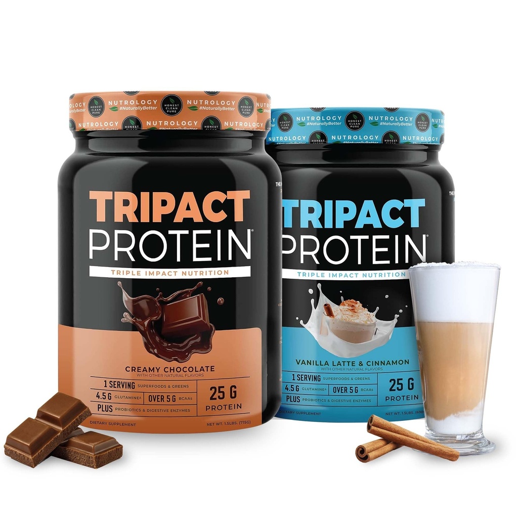 Białko Nutrology TRIPACT - Premium Nutrition Shake - Non-GMO Grass Fed Serwatka Białko, Białka roślin, Zielone, Superfoods & Probiotyki - 5g BCAA - Czekolada kremowa i VanillaLatte w / Cynamon 1,5lb Każdy