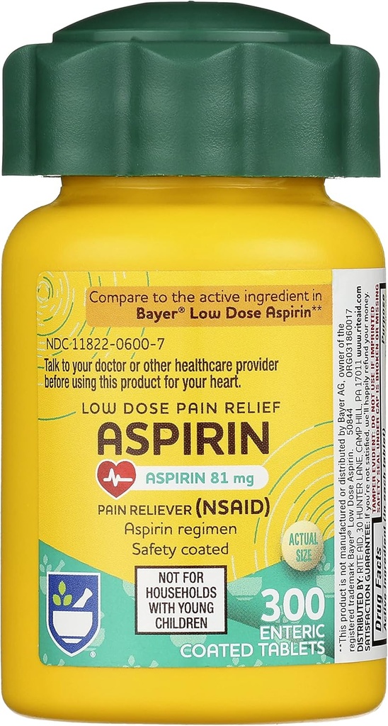 Rite Aid Aspirin Enteric Tablets, 81 mg Aspiryna - 300%, Niska dawka przeciwbólowa Relief, Aspiryna na ból głowy Relief, Enteric Safety Coated Tablets, Aspiryna Schemat, Migrena Medycyna, Ból Relief