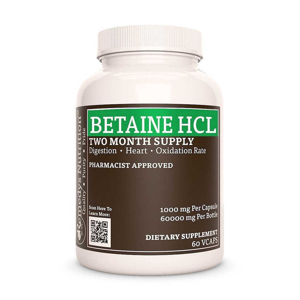 Remedy 's Nutrition Betaine HCL (Hydrochloride) XI124; 1000 mg, 60 Kapsułki Suplement diety XI124; Dwa miesiące dostaw 124; Zawiera również Carbonate wapnia, Papain & Bromelain