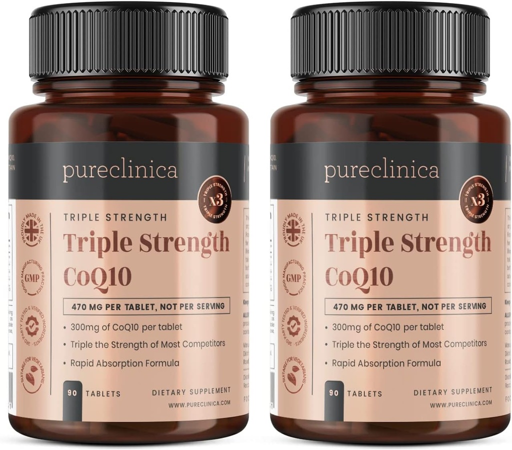 pureklinica Fermented CoQ10 300mg x 180 tabletek (2 butelki po 90 tabletek) - 6 miesięcy dostaw. Nie GMO, USP Grade. z dodatkiem witaminy C i czarny pieprz ekstrakt do wchłaniania.