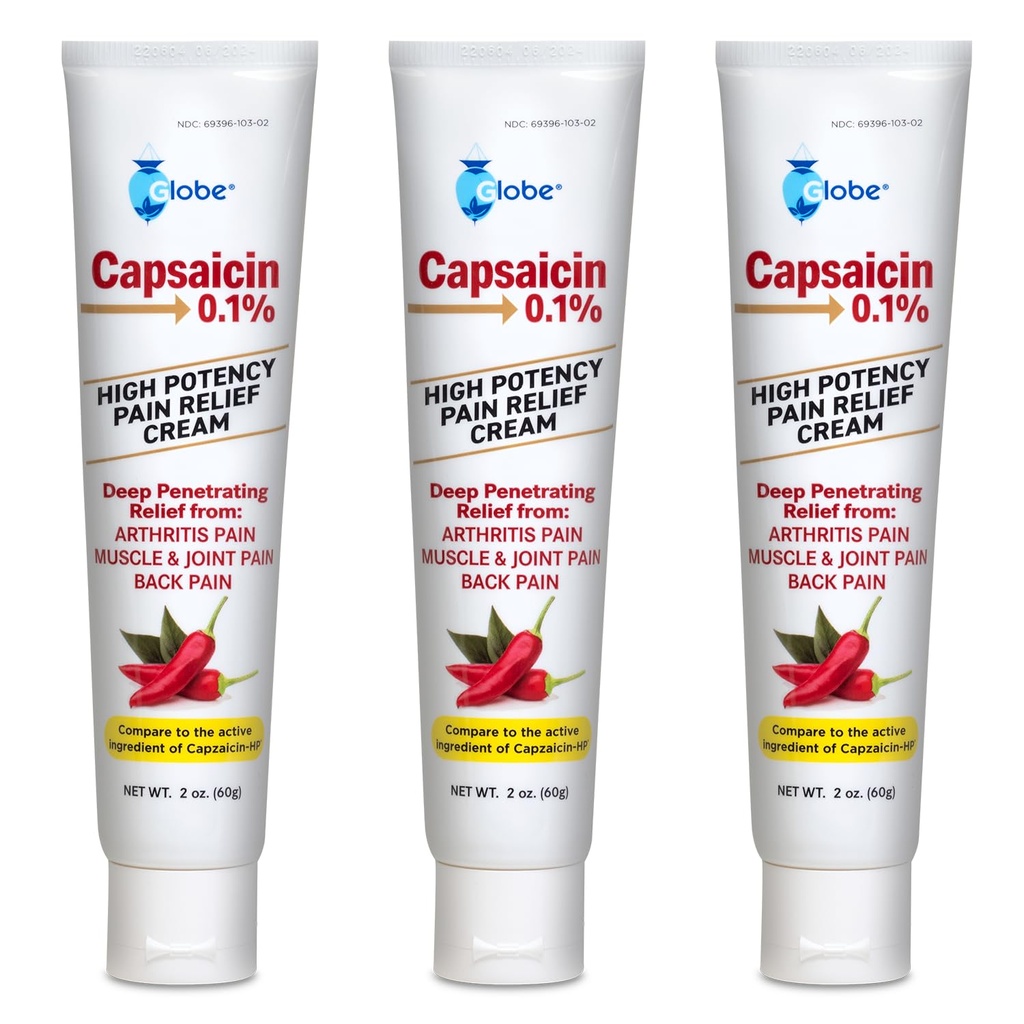 Globe (3 pack) Capsaicin 0,1% Wysoka moc krem przeciwbólowy, niezapachowy (2 oz) Deep Penetrating Relief from: zapalenie stawów, mięśnie, bóle stawów i pleców