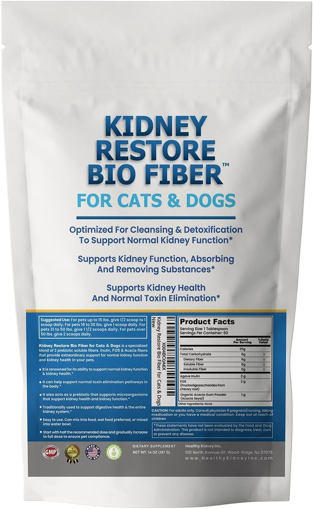 Bio Fiber for Cat & Dog Kidney Support, Kidney Pet Health Supplement, Kidney Support for Dogs & Cats, Renal Support Dog, Add w/Renal Food, Support Normal Kidney Function - 60 Servings