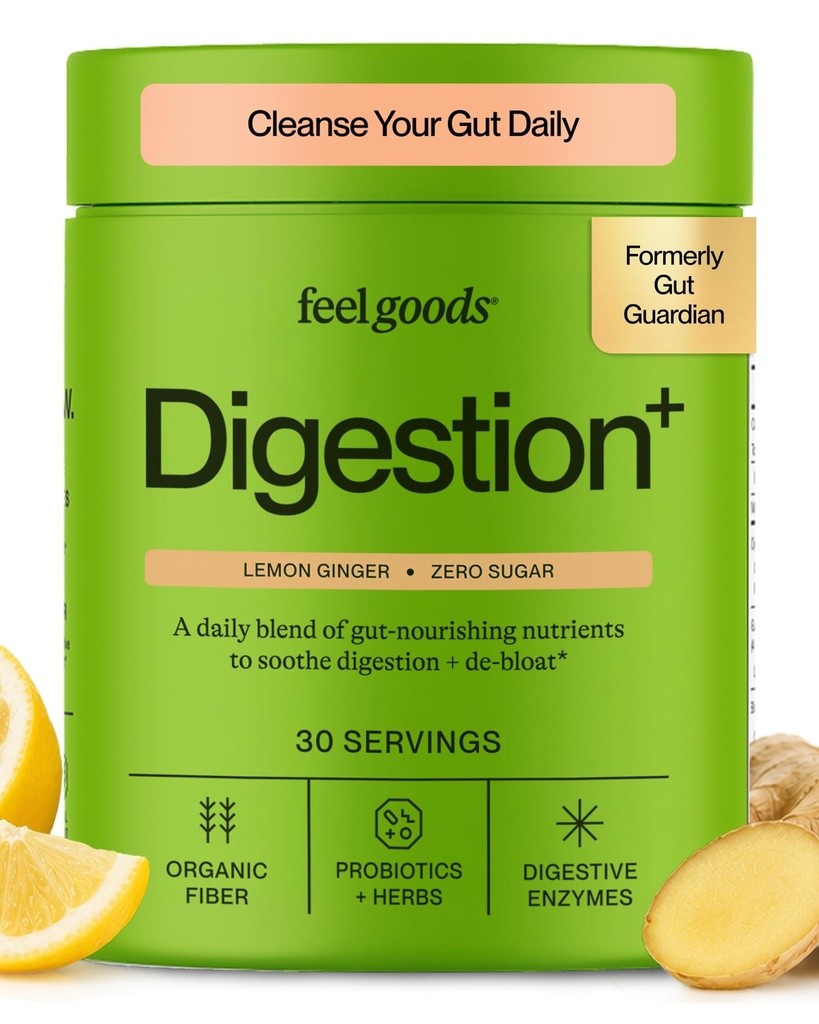 Feel Towary Guardian gut, Fiber organiczny, Probiotyczny i Prebiotyczny proszek, Bez cukru, Zioła na Bloat, Gut Health Support, Digestive Health for Men & Women, Non GMO, Wegan, Lemon Ginger, 30 Służenia