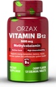 ORZAX Witamina B12 5000 µg Metylokobalamina dla pamięci, nastrojów, Funkcje krwi, sercowo-naczyniowe i suplement energetyczny - Cherry Flavored - Vegan & Non-GMO - 120 Tabletki podjęzykowe - 120 Day Supply