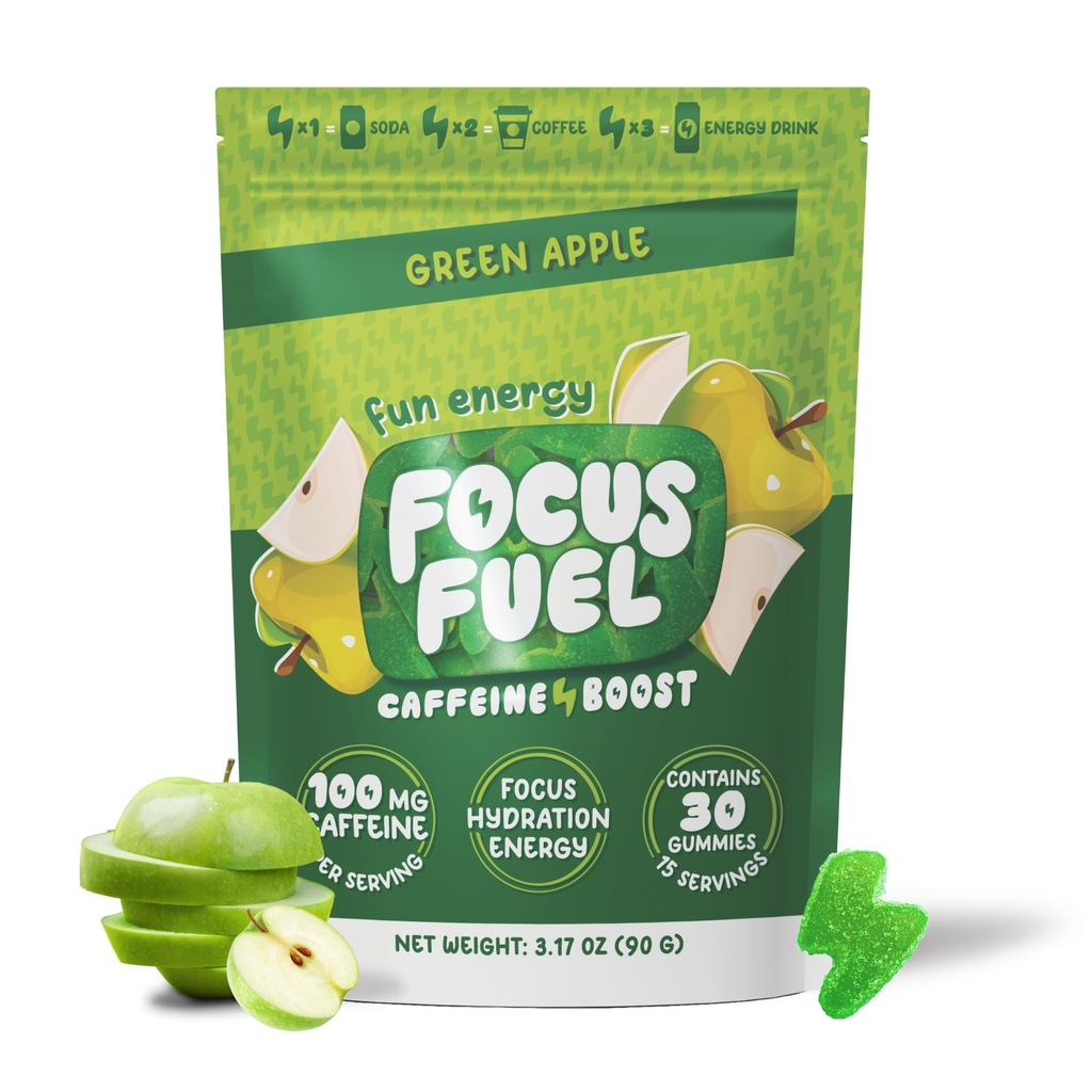 FocusFuel Energy Chews - Green Apple Flavor (15 Servings) - 100mg Caepine + B12, Magnez, Alpha GPC - Boost Focus & Energy - No Crash lub Jitters