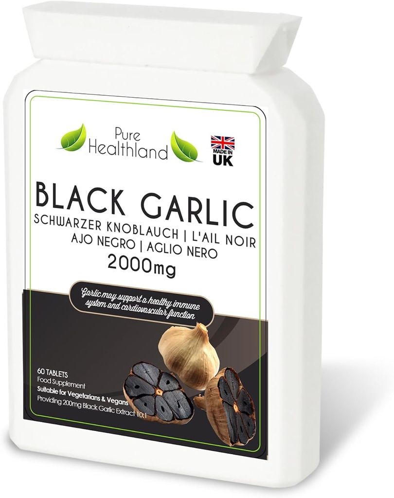 Gluten- Free Odorless Black Garlic Supplement - Wysoka potencja skoncentrowana ze świeżych czosnkowych Bulb - Wegańskie & Wegetariańskie tabletki - Made in UK (1 butelka)