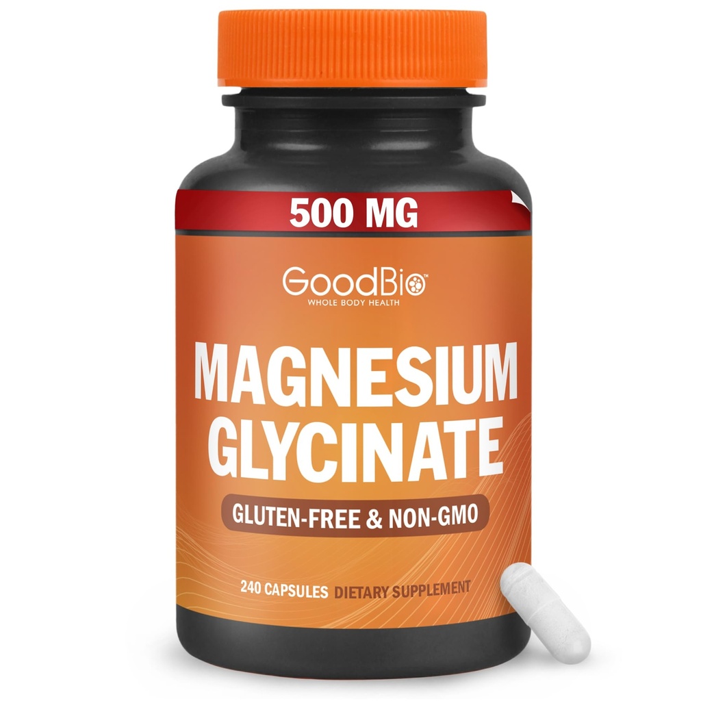 Glycinat magnezu - Wysoka absorpcja Suplement magnezu 500 mg Na Podawanie na Relief stresowy, Sen, Serce i kości, Nerve Support - Non- GMO, Gluten- Free, Delikatny na żołądku, 240 Kapsułki