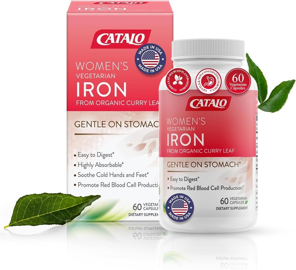 Catalo Żelazo suplement dla kobiet z organicznym curry Leaf - Delikatny, Wysoka Absorpcja, Wegetariański Przyjazny, Stomach- Easy Formuła - 60 Tabletki