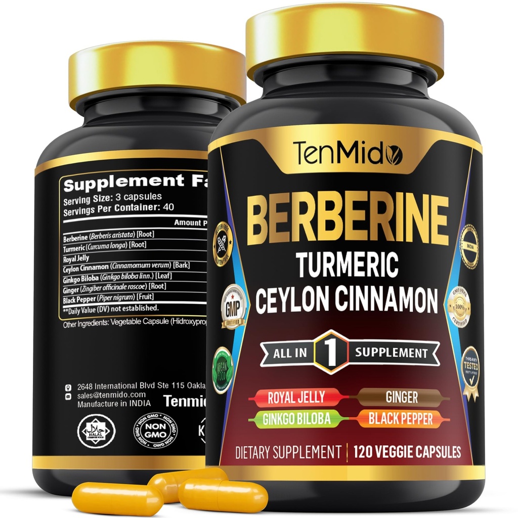 Suplement berberyjski - 7in1 Formuła - Połącz z Turmeric, Royal Jelly, Ceylon Cynamon, Ginkgo Biloba, Ginger & Black Pepper - Digestive Health, Wsparcie immunologiczne - 120 Kapsułki