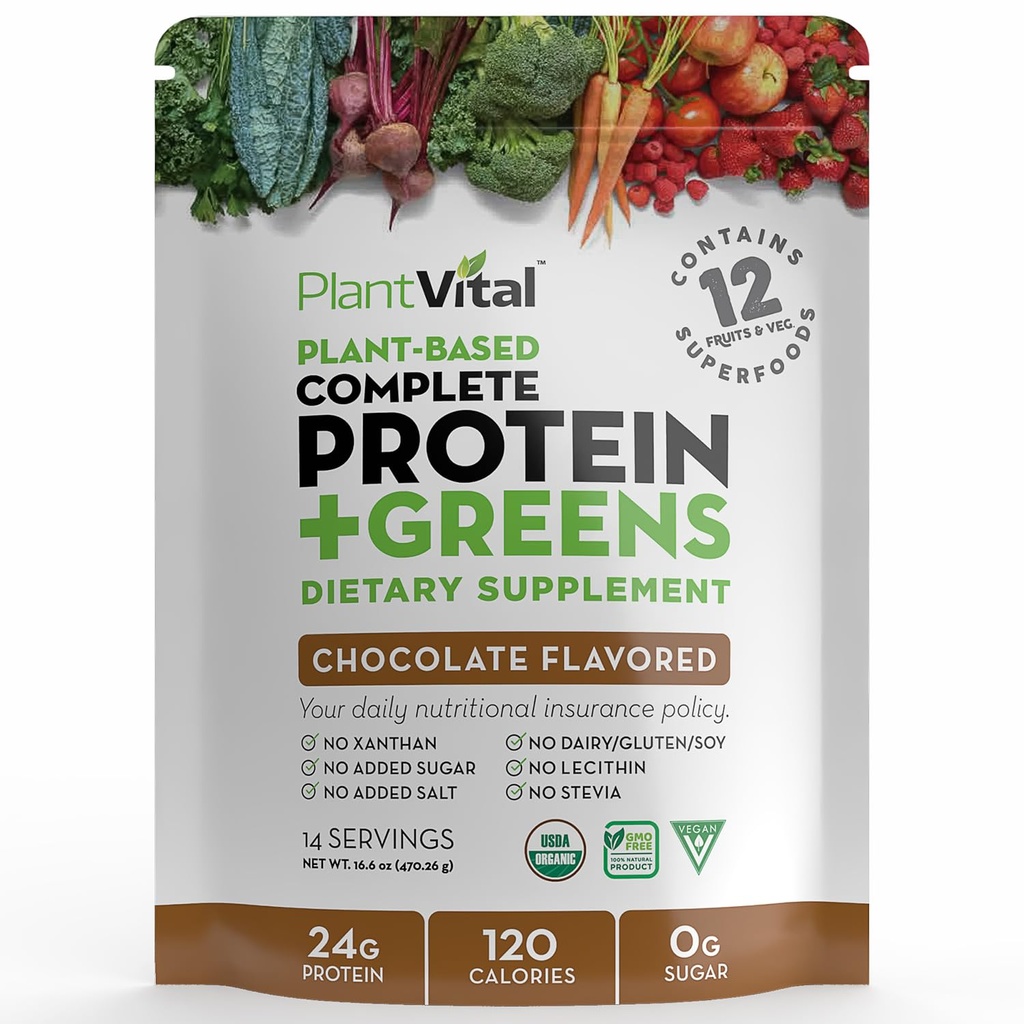 Plantvity Vegan proszku protein roślin na bazie, Organic protein proszku czekolada 24g / 0g cukru, 12 Superfoods, warzywa, Probiotyki, surowe kakao, Kale, Beets, Spirulina, Pea, Gluten- Free, Keto- Friendly, 16oz